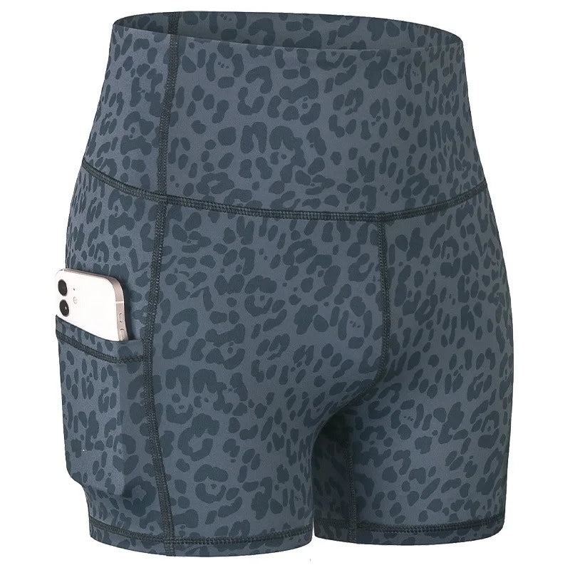Women's High Waist Leopard Print Yoga Shorts with Pockets