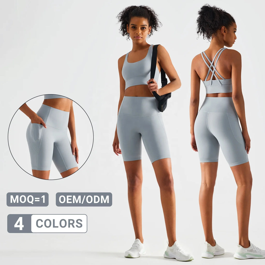 Women's 2 Piece Crossover Sports Bra Plus Size Butt Lift Yoga Shorts Set