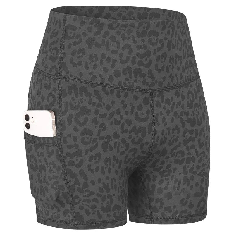 Women's High Waist Leopard Print Yoga Shorts with Pockets