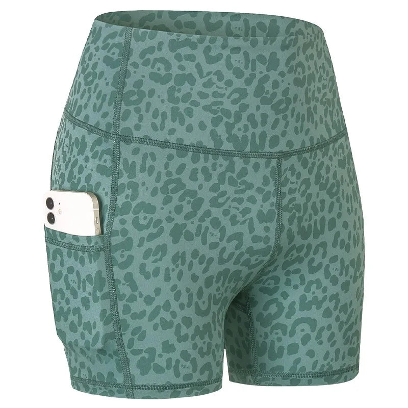 Women's High Waist Leopard Print Yoga Shorts with Pockets
