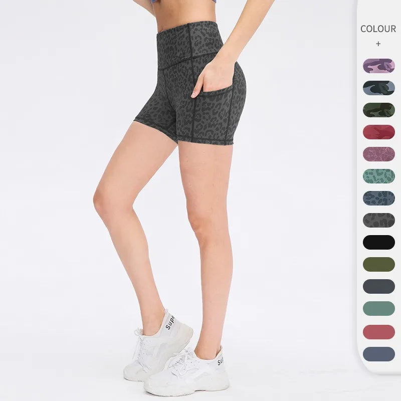 Women's High Waist Leopard Print Yoga Shorts with Pockets