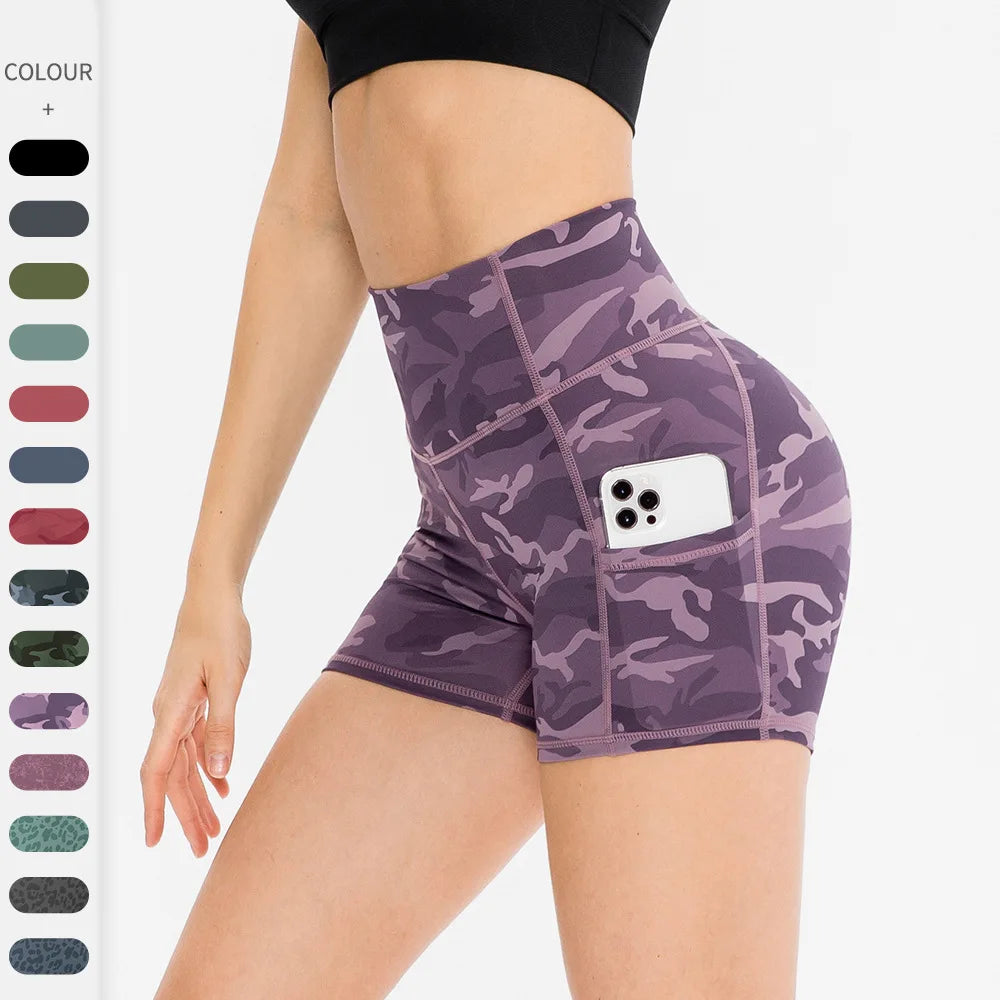 Women's High Waist Leopard Print Yoga Shorts with Pockets